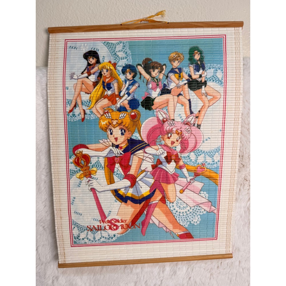 Vintage Sailor Moon Bamboo Wall Scroll Wood Dowels Pretty Soldier Anime RARE